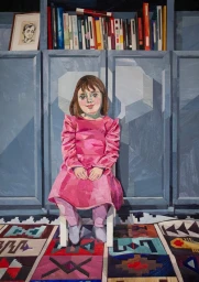 Portrait illustration of a young girl in a pink dress sitting on a chair against a blue cabinet and patterned rug