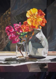 Paper collage still life illustration of yellow and red flowers in glass vases on a surface with geometric abstract background.