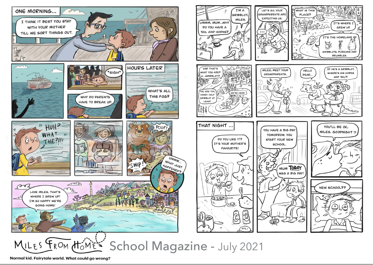 Cartoon comic strip about a boy named Miles dealing with his parents separating and visiting a magical world with horned creatures.