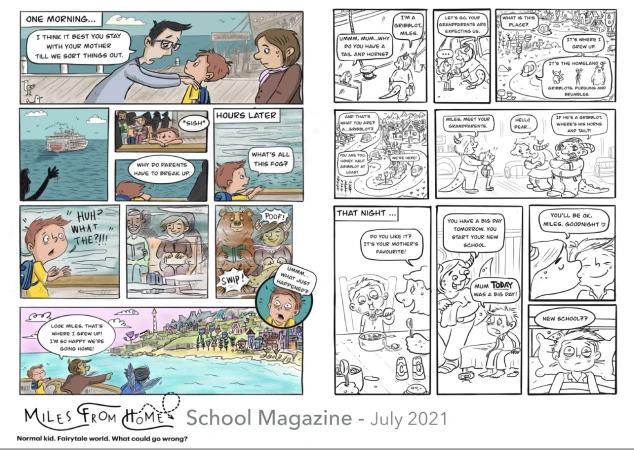Cartoon comic strip about a boy named Miles dealing with his parents separating and visiting a magical world with horned creatures.