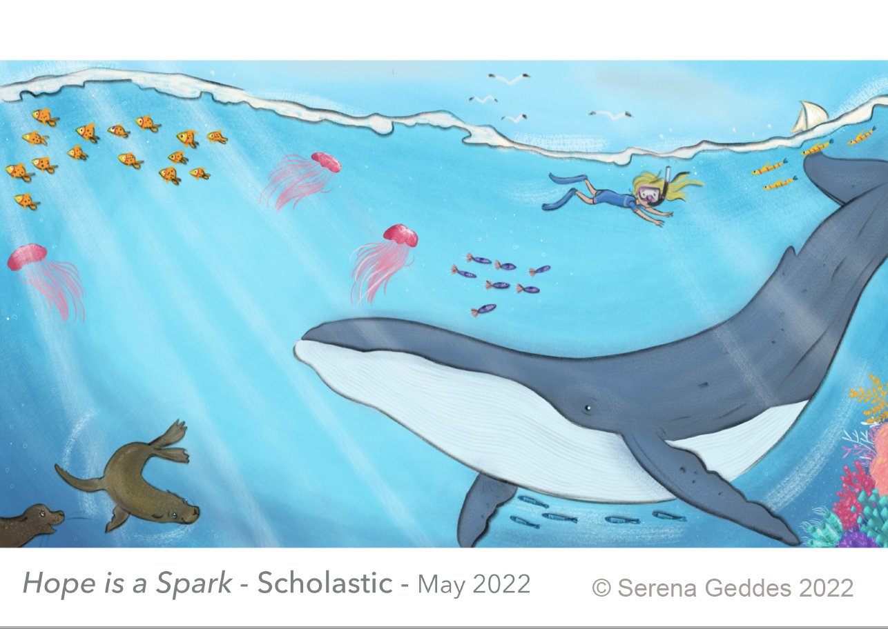 Underwater illustration of a girl snorkeling near a whale, surrounded by colorful fish, coral, and jellyfish in clear blue water.