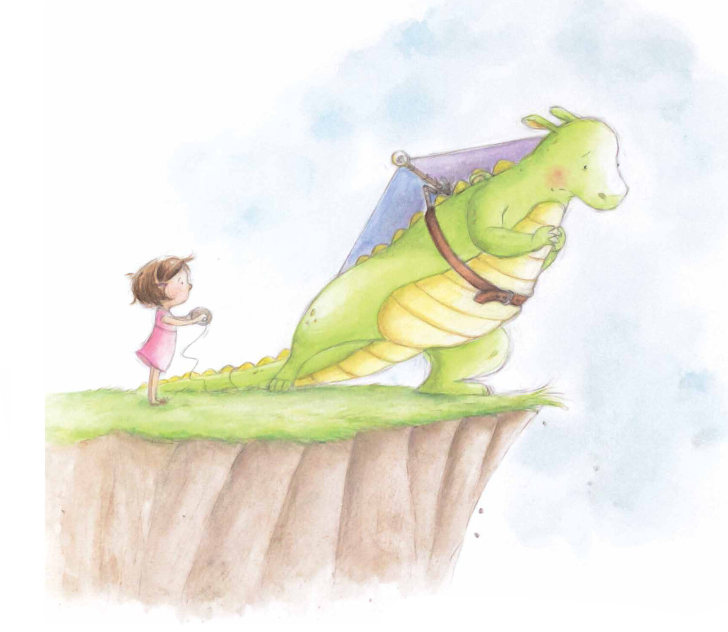 Watercolor illustration of a young girl with brown hair holding yarn, and a large green dragon on a grassy cliff against a cloudy sky.