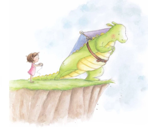 Watercolor illustration of a young girl with brown hair holding yarn, and a large green dragon on a grassy cliff against a cloudy sky.