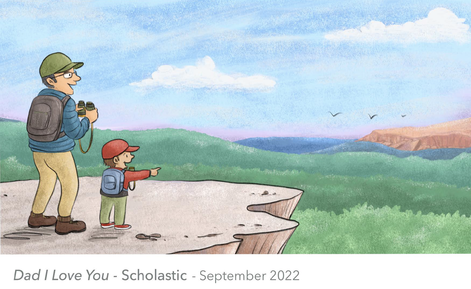 Illustration of a father and son wearing backpacks, standing on a cliff overlooking a mountain range under a cloudy sky. 