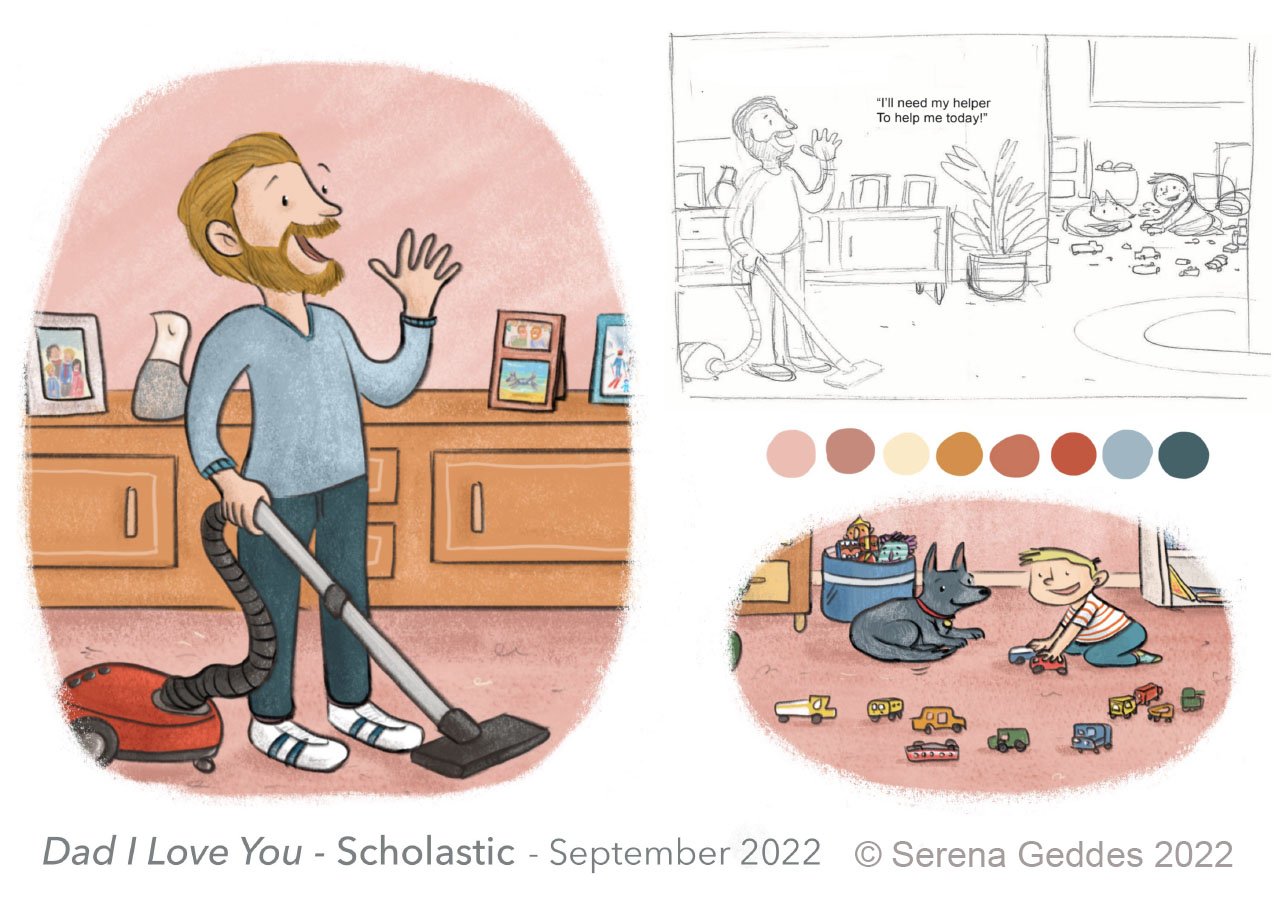 Illustration of a ginger-haired man vacuuming in a cartoon style with sketched scenes of a boy, dog and messy room, and color swatches.