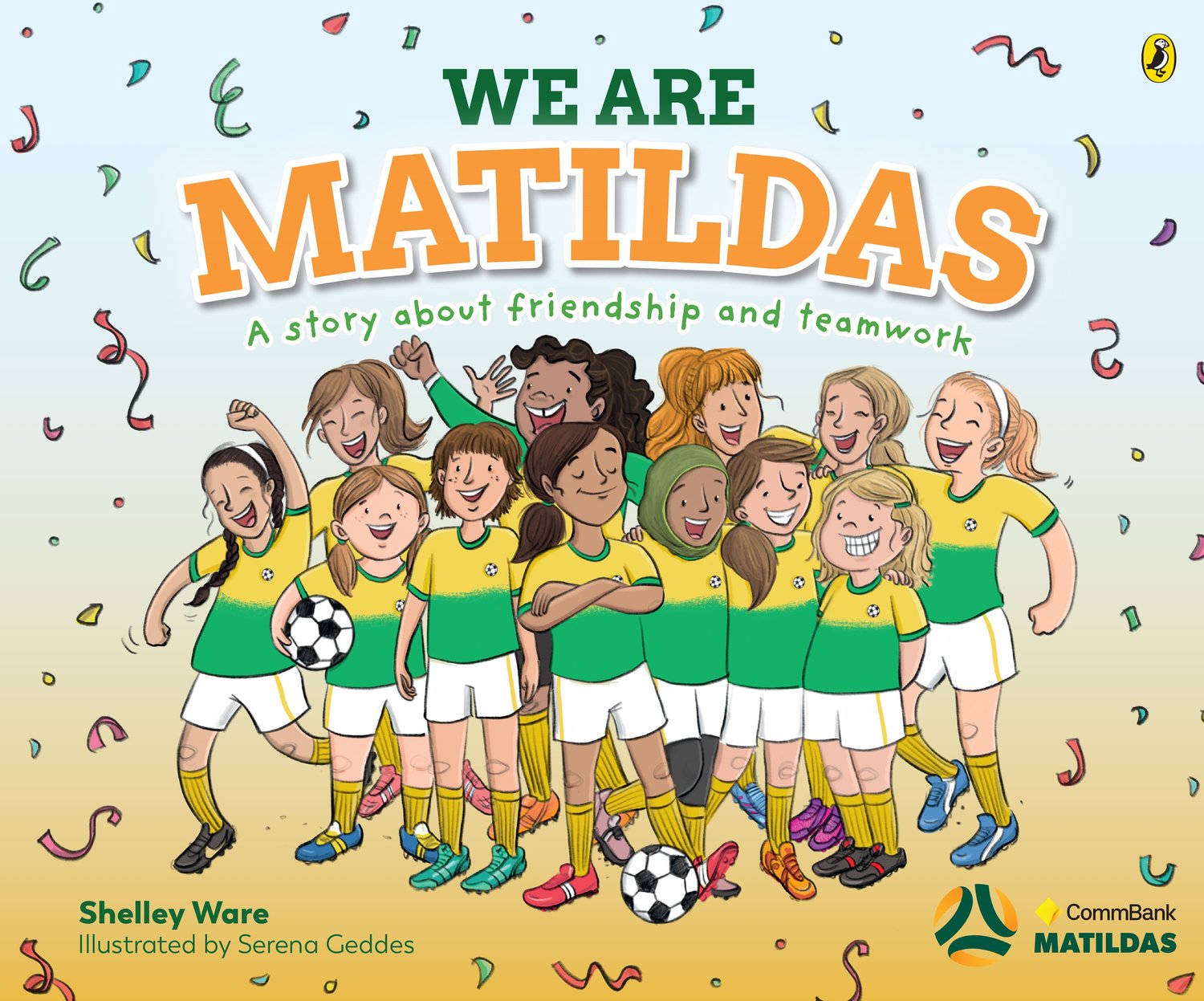 Illustrated book cover features a diverse group of smiling young female soccer players, a soccer ball, and confetti; "We Are Matildas" title.