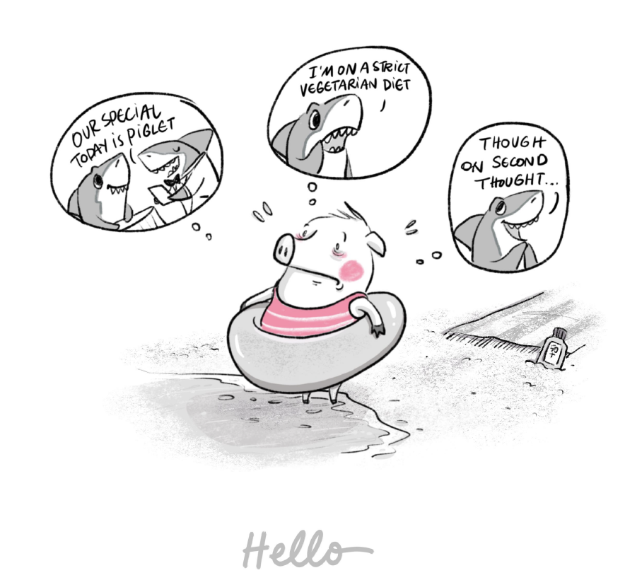 Cartoon illustration of a pig wearing a swim ring, with thought bubbles of sharks contemplating eating him. Humorous, lighthearted.