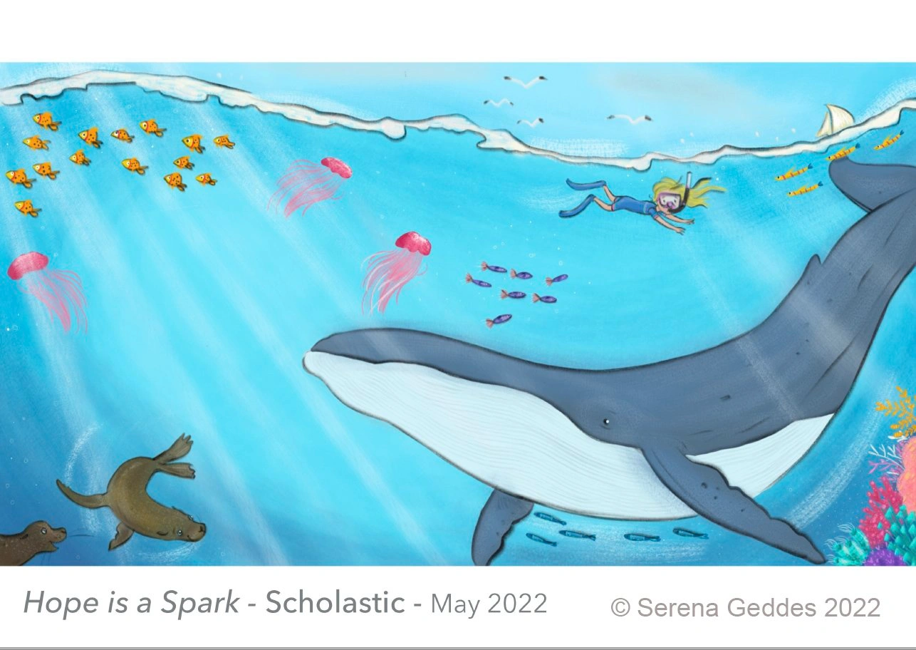 Digital illustration of an underwater ocean scene with a large blue whale, a snorkeler, seals, jellyfish, and school of fish.