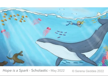 Digital illustration of an underwater ocean scene with a large blue whale, a snorkeler, seals, jellyfish, and school of fish.