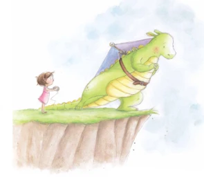 Watercolor illustration of a small girl in a pink dress flying a kite shaped like a green dragon from a cliff edge.