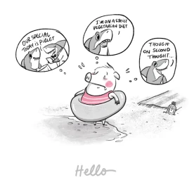 A cartoon pig in a pink striped swimsuit and inner tube standing on a beach with cartoon thought bubbles of sharks.