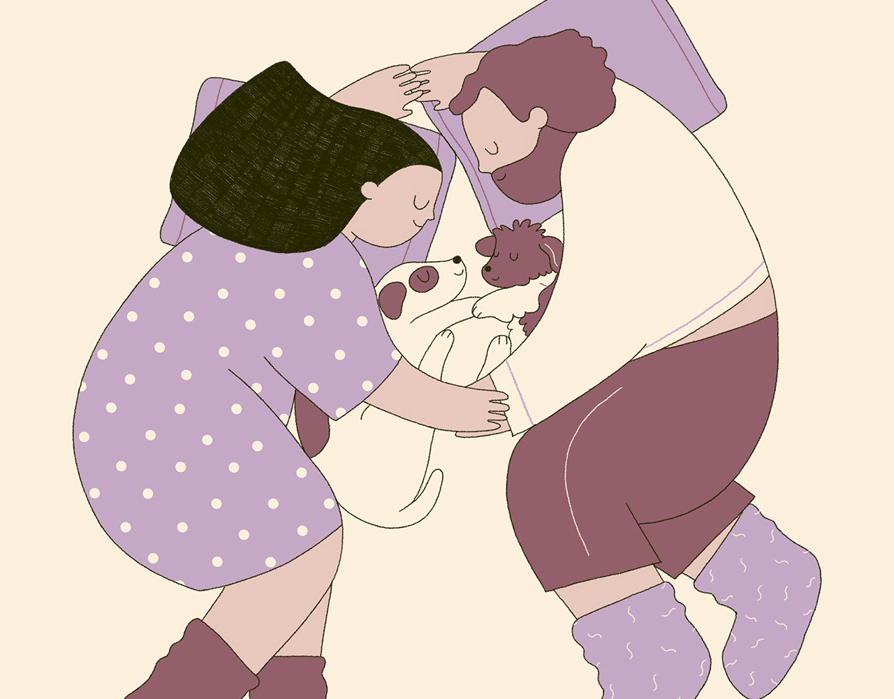 Illustration of a couple cuddling in bed with their two dogs, showing a peaceful, intimate moment with a light color palette.
