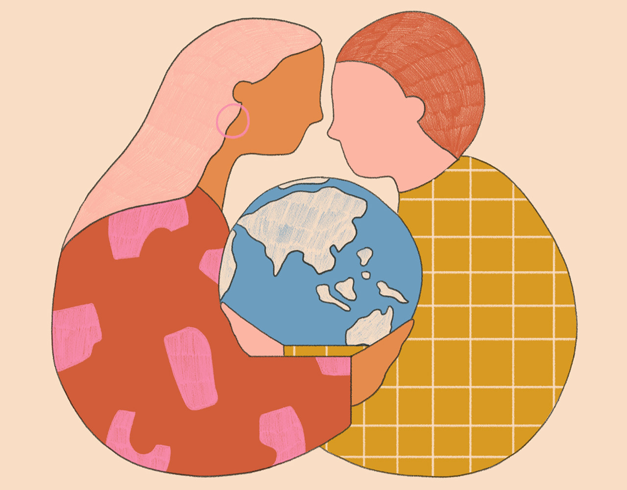 Illustration of two faceless figures holding a blue globe against a peach backdrop, symbolizing unity and global connection.