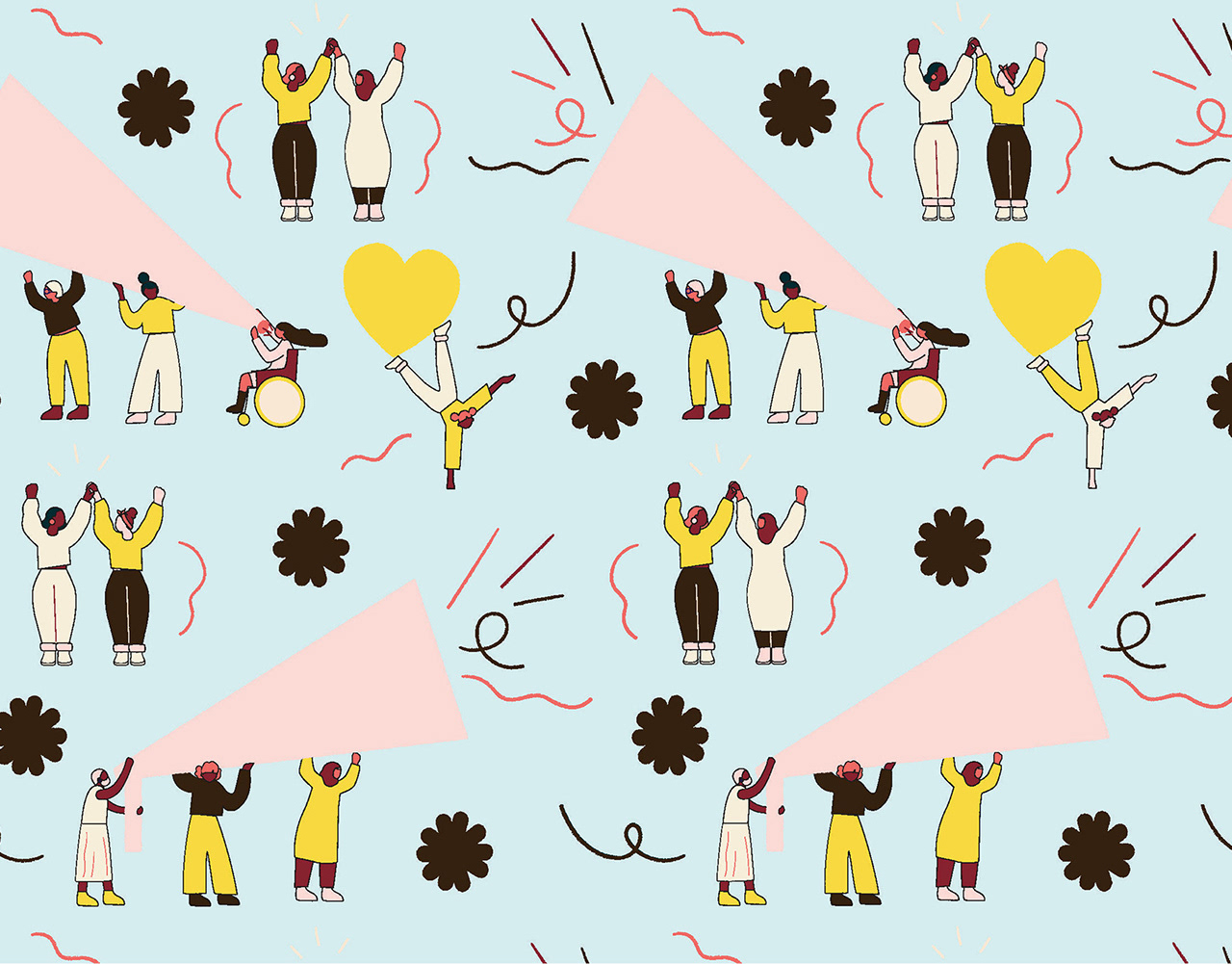 Illustration pattern featuring diverse figures, including those in wheelchairs, set against a light blue background with abstract shapes.