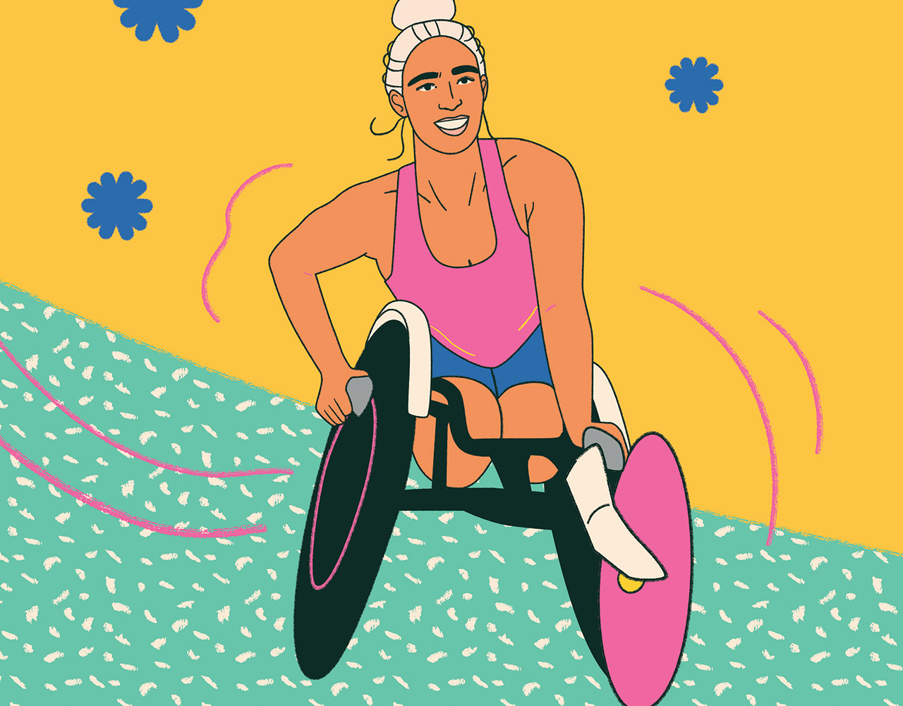 Illustration of a smiling woman in a wheelchair racing, wearing athletic wear, set against a colorful yellow and teal patterned background.