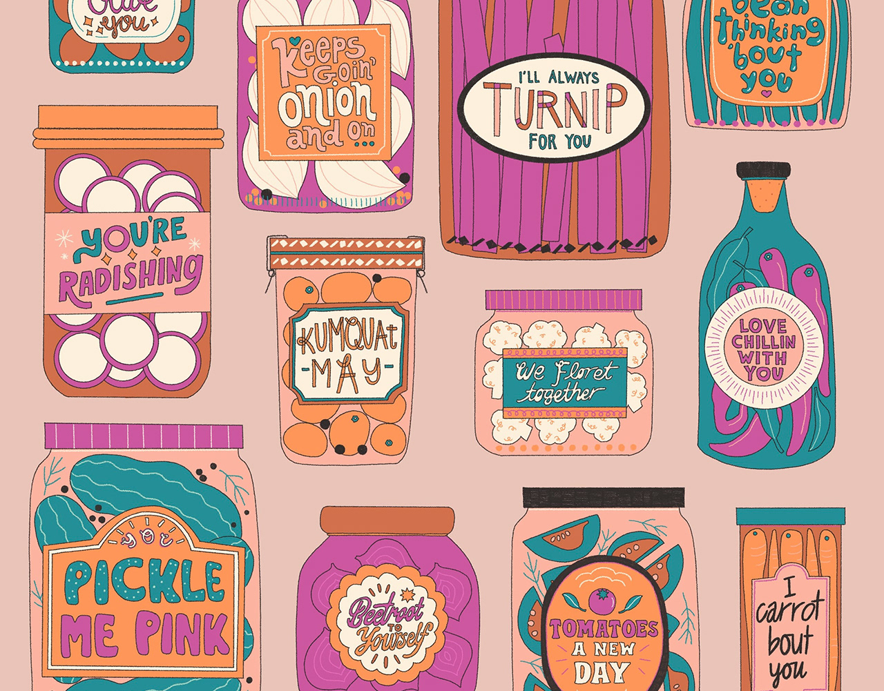 Whimsical illustration of various fruits and vegetables inside mason jars with playful text labels on a light pink background.