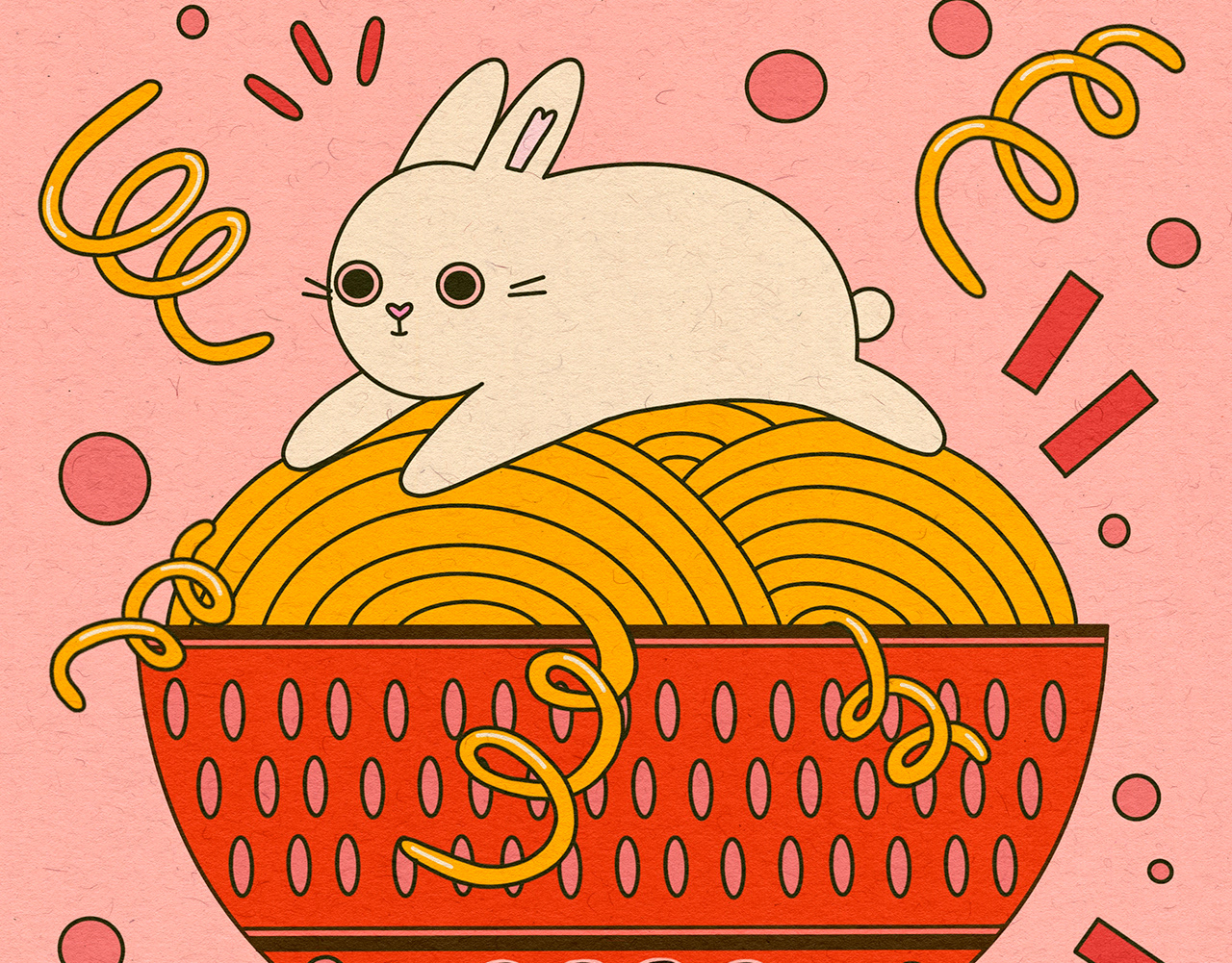 Illustration of a white rabbit sitting atop a basket filled with yellow noodles, surrounded by playful yellow and red confetti shapes.