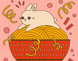 Illustration of a cream rabbit lying on top of a red bowl filled with yellow noodles by Kim Siew