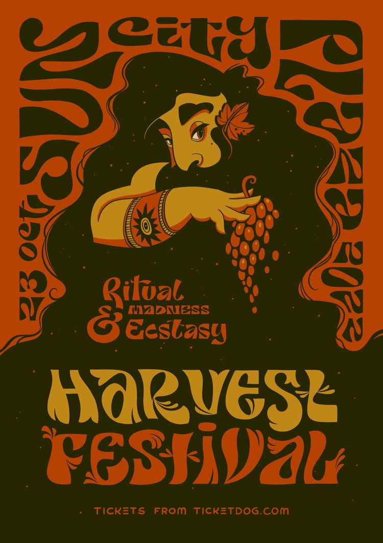 Harvest Festival promotional art featuring a woman holding a bunch of grapes, illustrated in a vintage psychedelic style with orange and brown tones.