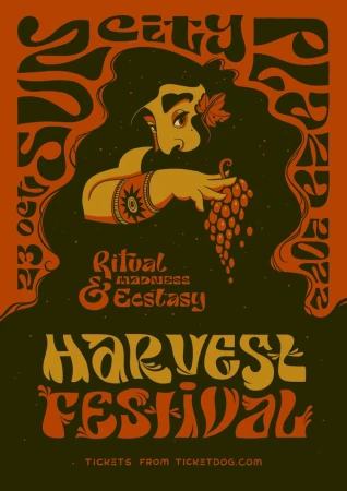 Harvest Festival promotional art featuring a woman holding a bunch of grapes, illustrated in a vintage psychedelic style with orange and brown tones.