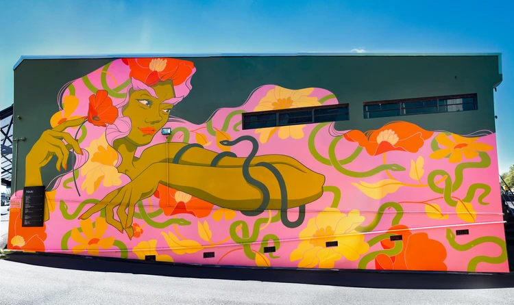 Vibrant outdoor mural featuring a stylized woman with pink hair, orange flowers, and a snake, painted on the side of a building on a sunny day.
