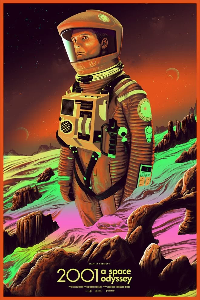 Space Odyssey movie poster: An astronaut in an orange spacesuit stands on a colorful extraterrestrial landscape, with planets in the background.