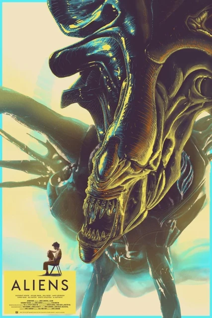 Illustration of an alien with a human figure sitting in front of a poster for the movie Aliens with blue and gold color scheme.