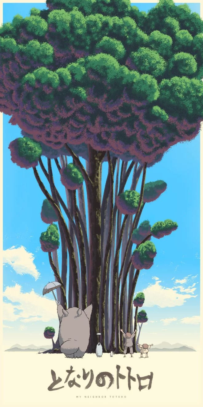 Illustration of a large tree with a thick trunk and green leaves, set against a blue sky, with animated characters standing at the base.