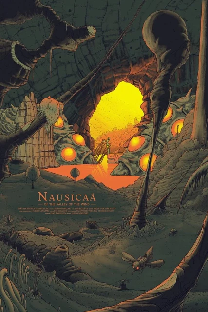 Illustration from Nausicaa of the Valley of the Wind features cave-like structures, landscape, and figure in warm-toned colors.