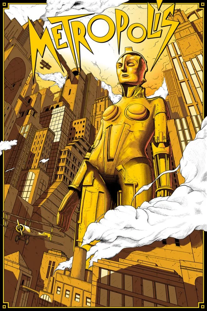 Illustration of a towering, gold humanoid robot statue in a yellow-toned city with airplanes and stylized clouds, evoking retro-futurism.