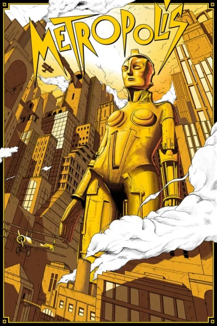 Illustration of a towering, gold humanoid robot statue in a yellow-toned city with airplanes and stylized clouds, evoking retro-futurism.