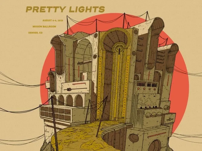 Illustration of a stylized brutalist building with multiple levels and arched windows against a peach-colored backdrop with event text.