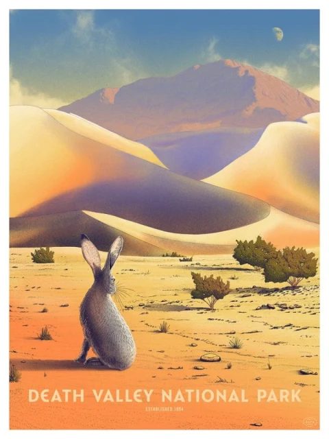 Illustration of Death Valley National Park with a desert hare sitting in the foreground, sand dunes, mountains, and blue sky with the moon.