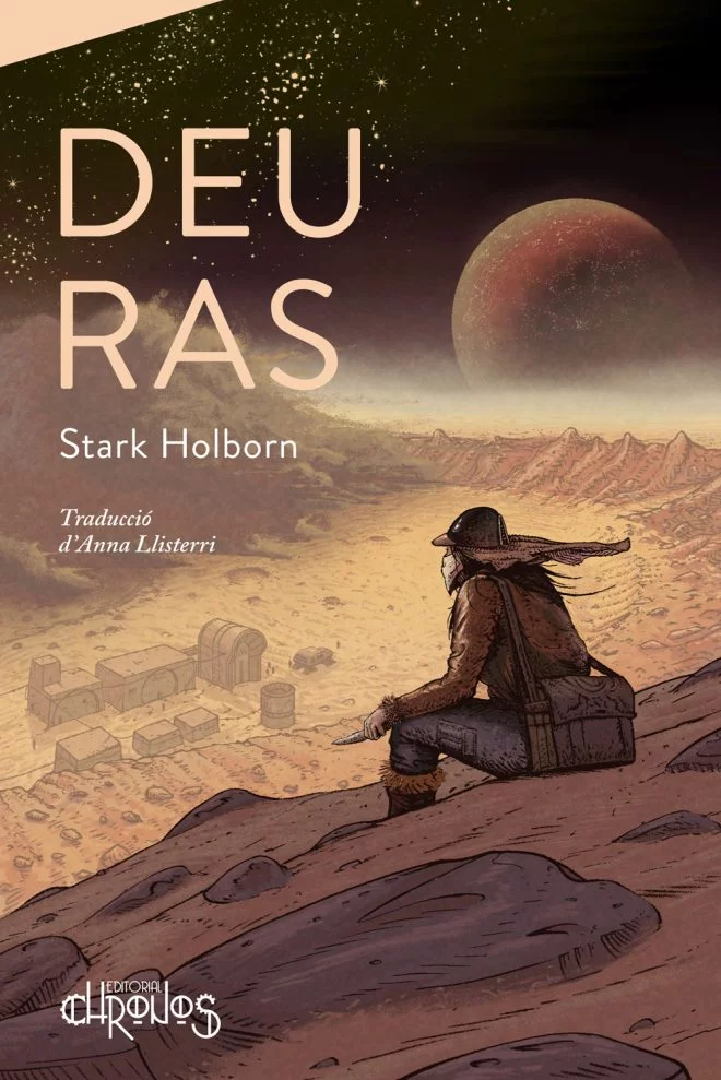 Book cover illustration of a woman sitting on a rocky hill overlooking a desert landscape with buildings and a large red planet in the sky.