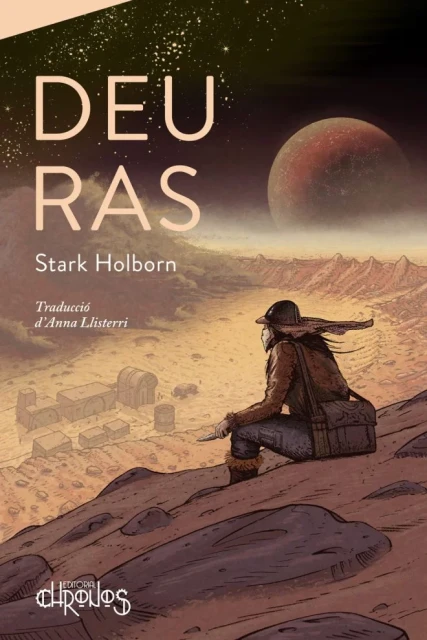 Book cover illustration of a woman sitting on a rocky hill overlooking a desert landscape with buildings and a large red planet in the sky.