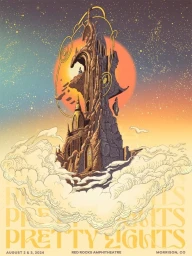 Surreal digital illustration of a towering fantastical castle emerging from a thick bank of clouds against a warm sunset sky.