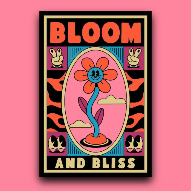 Psychedelic retro art poster with cartoon flower, clouds, peace signs, and decorative border against a solid pink backdrop.