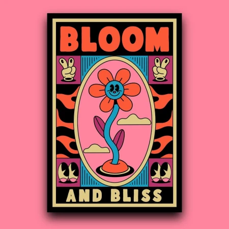 Psychedelic retro art poster with cartoon flower, clouds, peace signs, and decorative border against a solid pink backdrop.