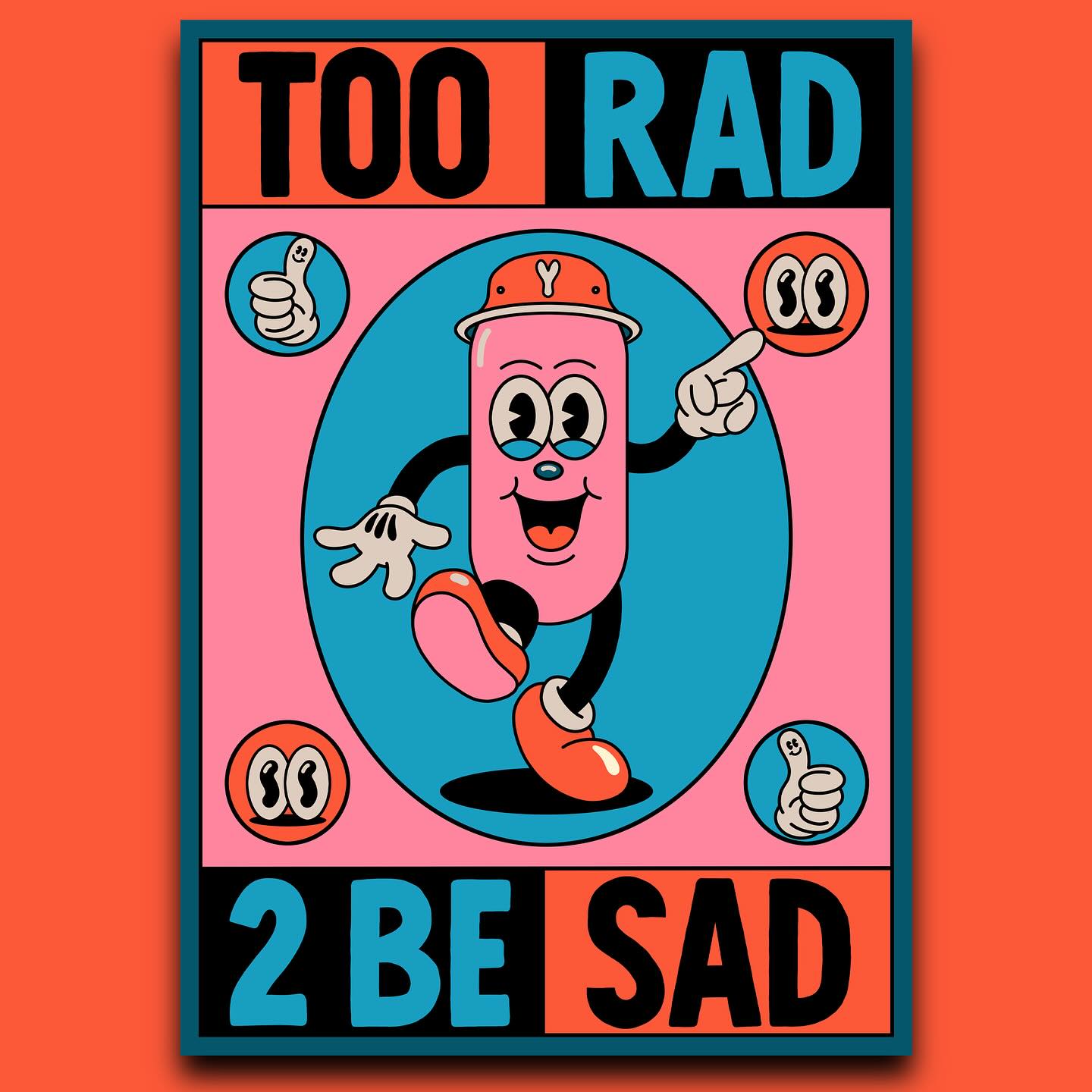 Cartoon drawing featuring a pink pill character wearing a hat, surrounded by thumbs-up and eye-shaped icons on a teal and orange background.