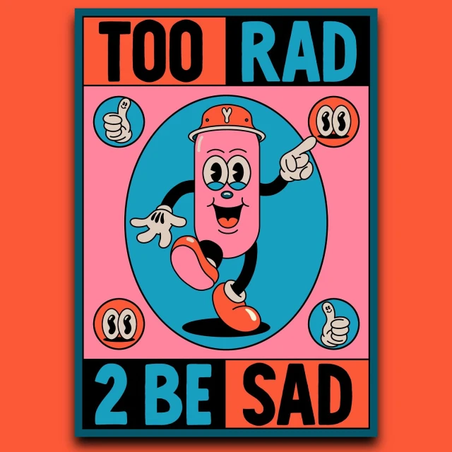 Cartoon drawing featuring a pink pill character wearing a hat, surrounded by thumbs-up and eye-shaped icons on a teal and orange background.