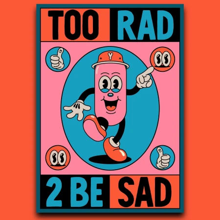 Cartoon drawing featuring a pink pill character wearing a hat, surrounded by thumbs-up and eye-shaped icons on a teal and orange background.