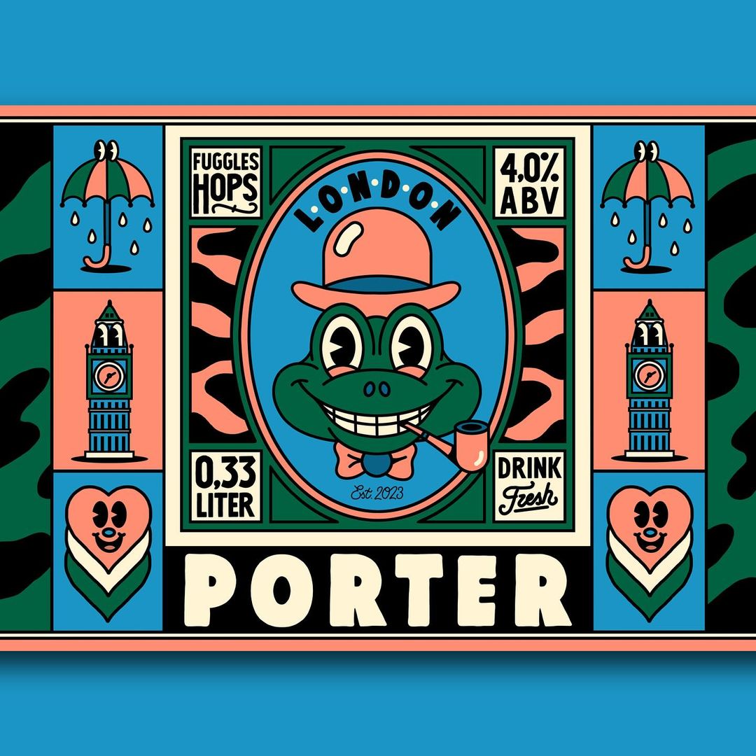 Retro-style illustration of a cartoon frog with a hat and pipe, surrounded by vintage-inspired designs on a bright blue background.