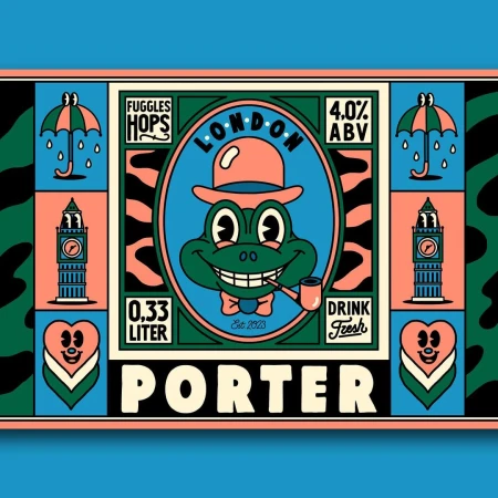 Retro-style illustration of a cartoon frog with a hat and pipe, surrounded by vintage-inspired designs on a bright blue background.