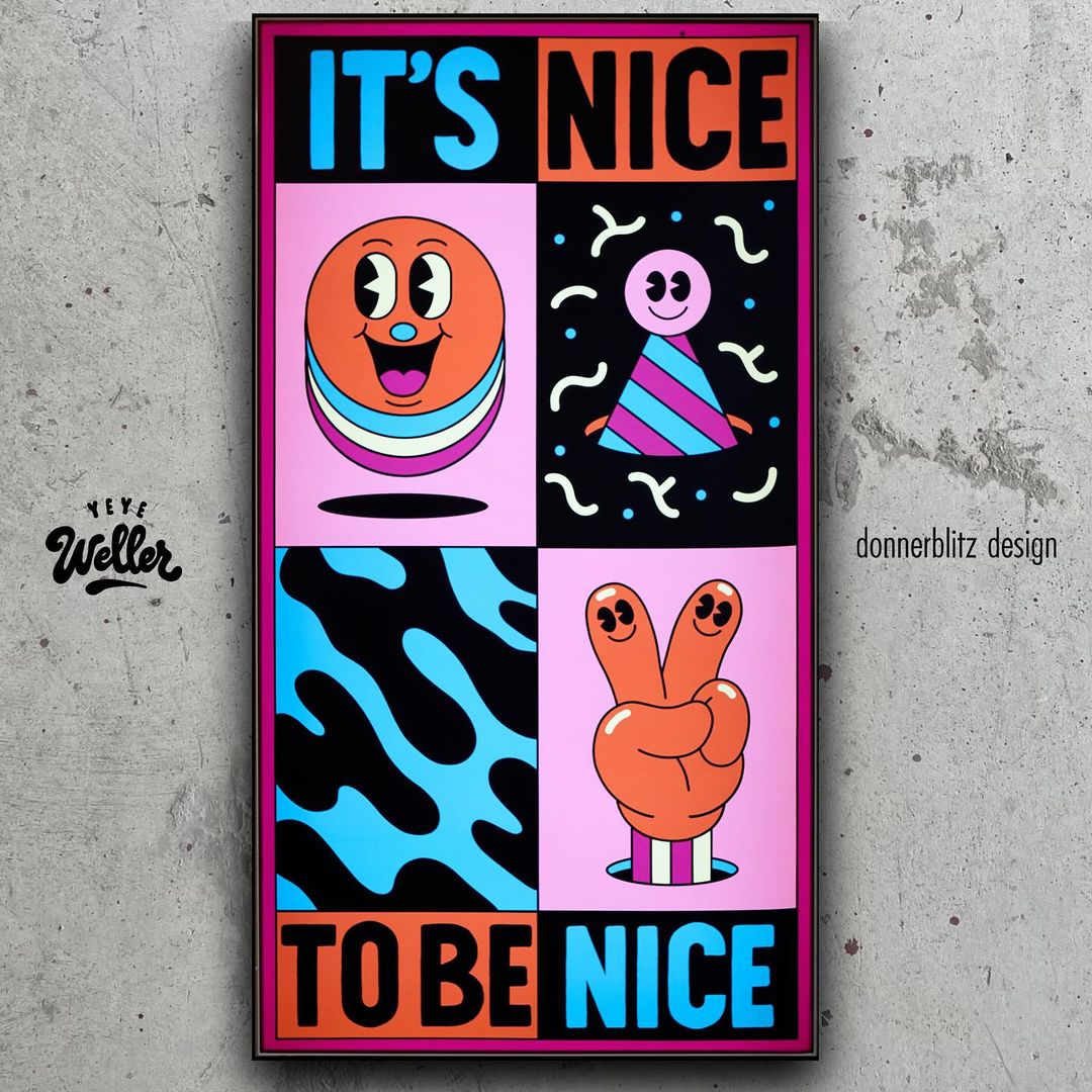 Colorful cartoon poster art with stacked, graphic elements: cartoon face, abstract shapes, and a peace sign hand in pink, blue, orange, and black.