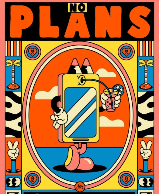 Whimsical illustration of a cartoon-like smartphone character with mountains on top, holding a cocktail against a decorative, colorful backdrop.