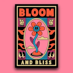 Retro vector illustration featuring a smiling flower character with the text Bloom and Bliss by Yeye Weller.