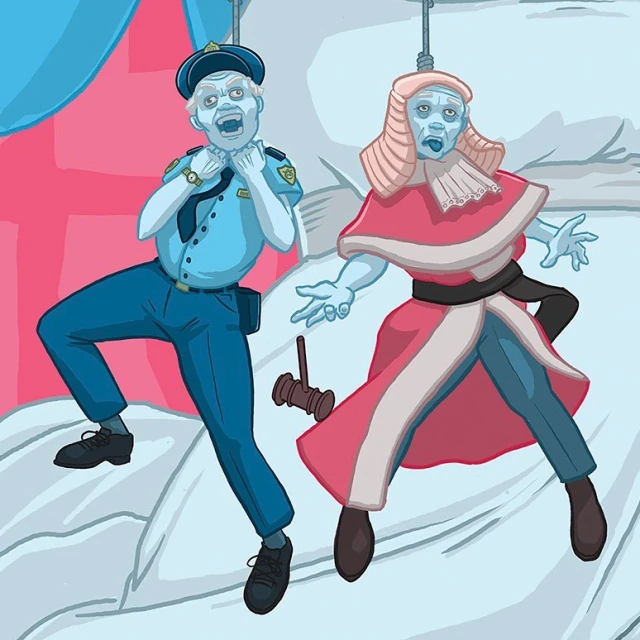 Digital artwork showing a policeman and a judge hanging by their necks, exhibiting distressed expressions, against a white backdrop.