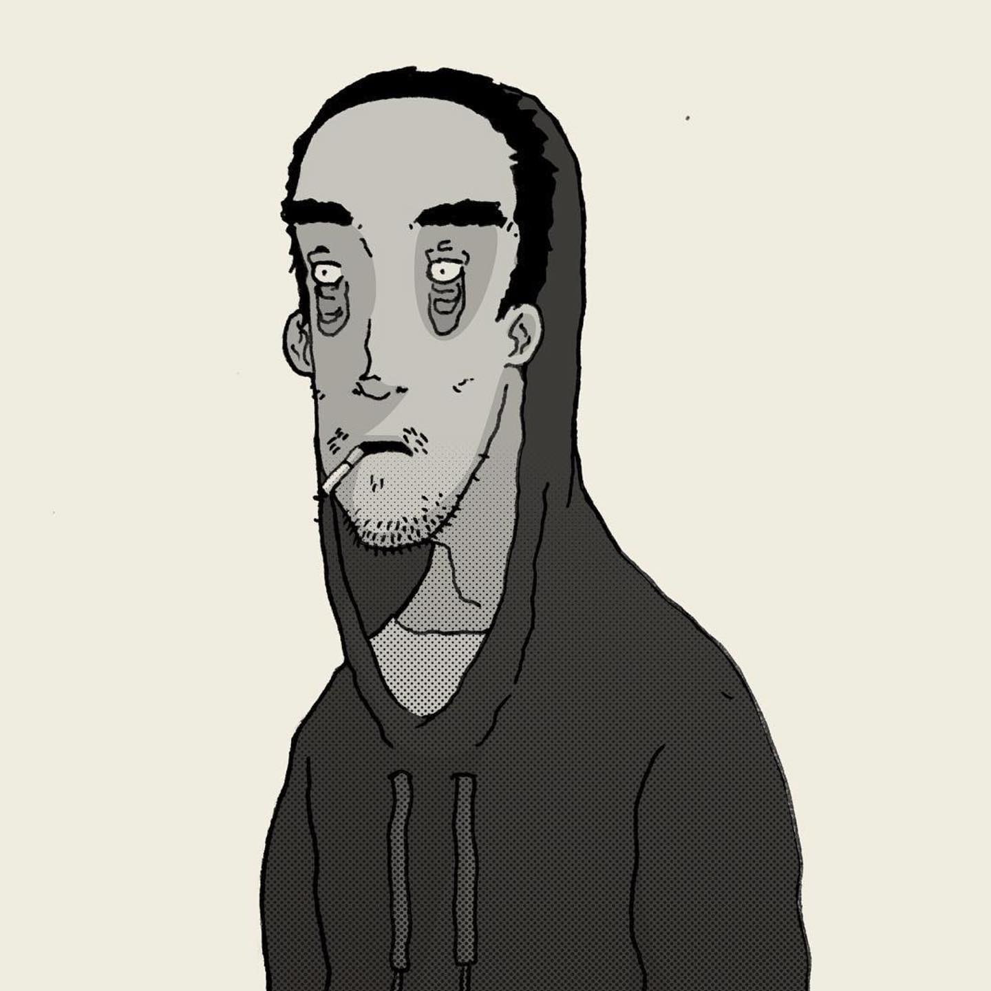 Illustration of a grey-toned man with a cigarette in his mouth, wearing a hoodie, against a light beige background in a digital art style.