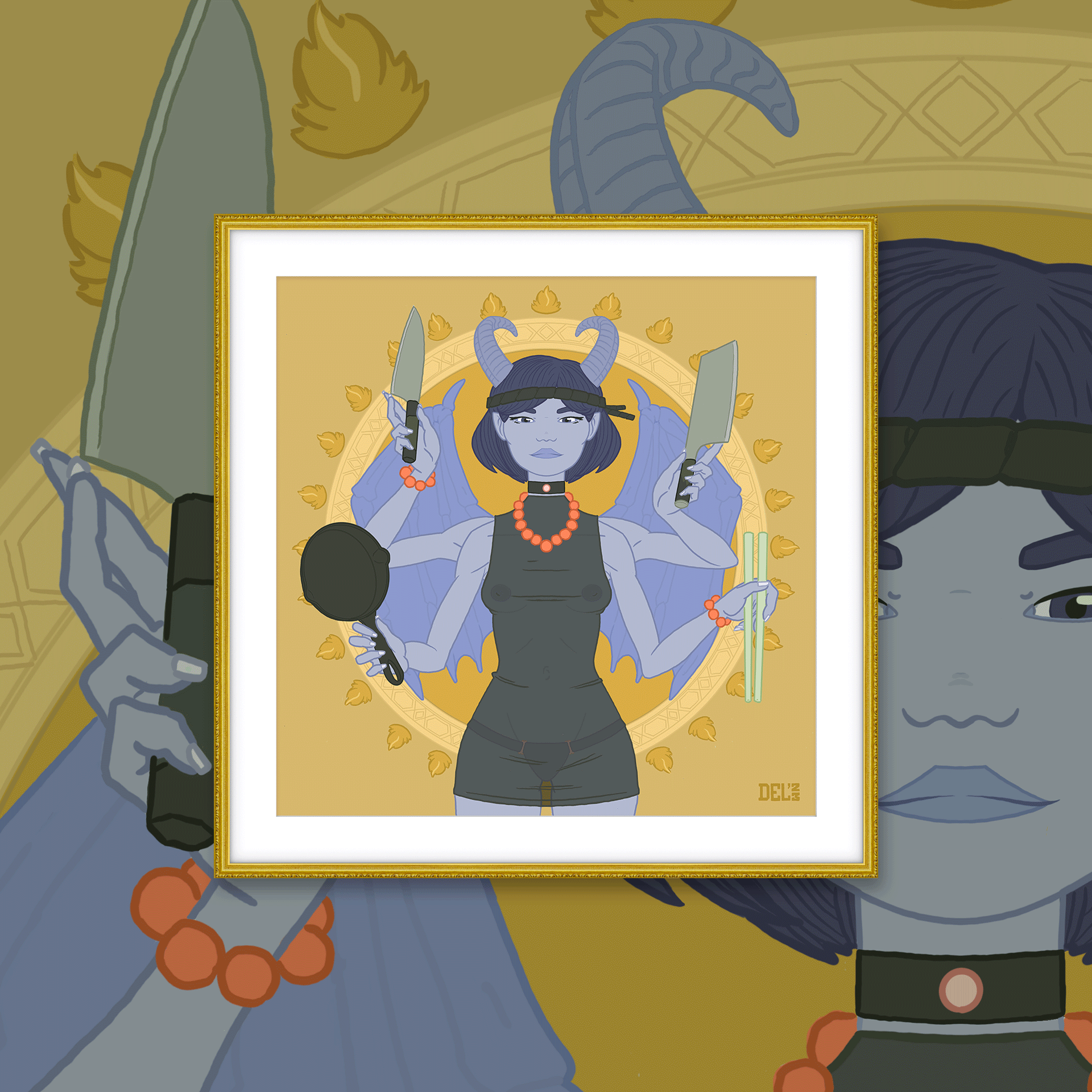 Illustration of a multi-armed blue-skinned demon-like woman holding cooking utensils, centered in a gold frame against gold patterned background.