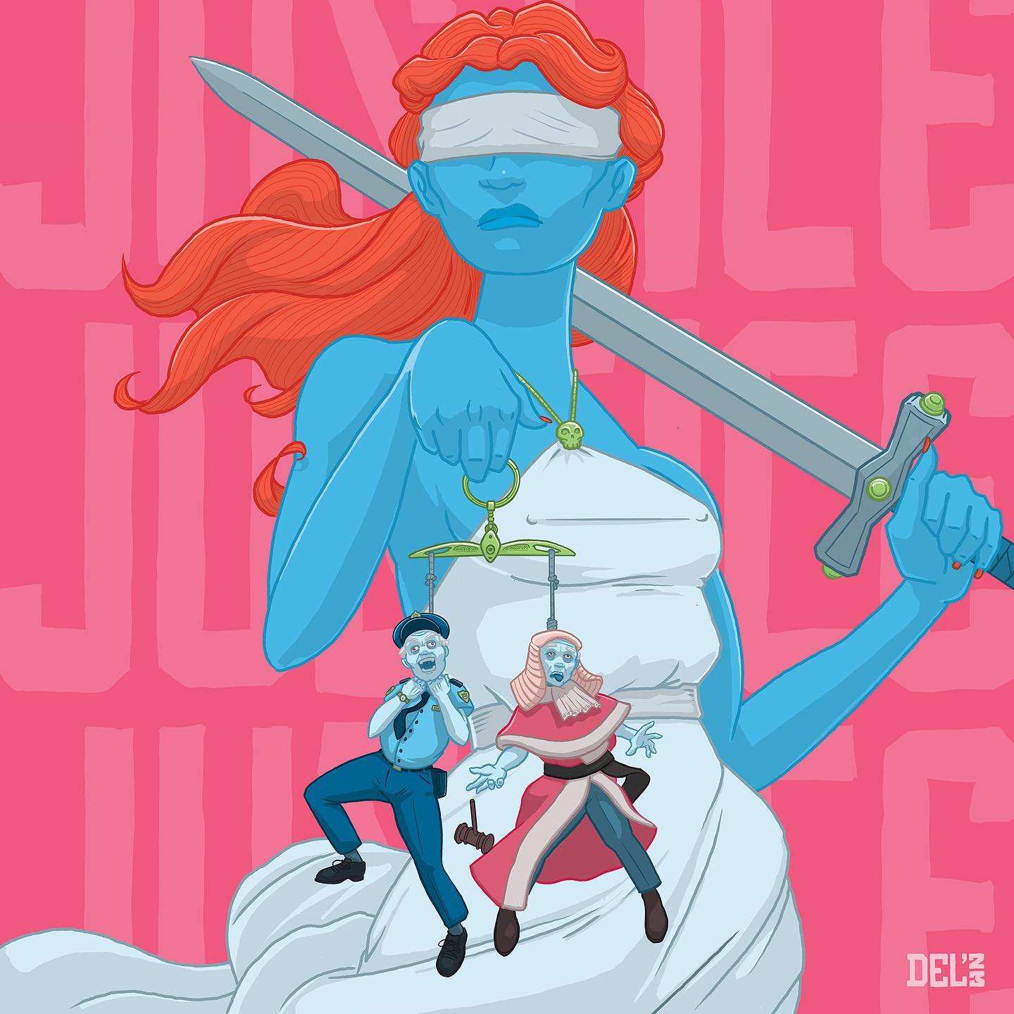 Illustration of the blindfolded Lady Justice figure holding scales with tiny figures representing legal professionals on a pink background.